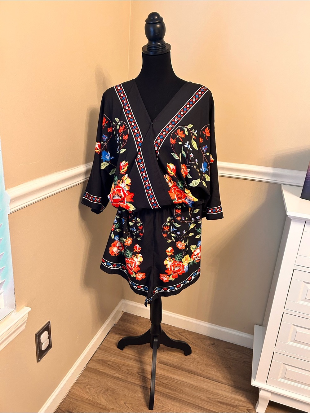 Floral V-Neck Black Romper with Red & Blue Bouquet
